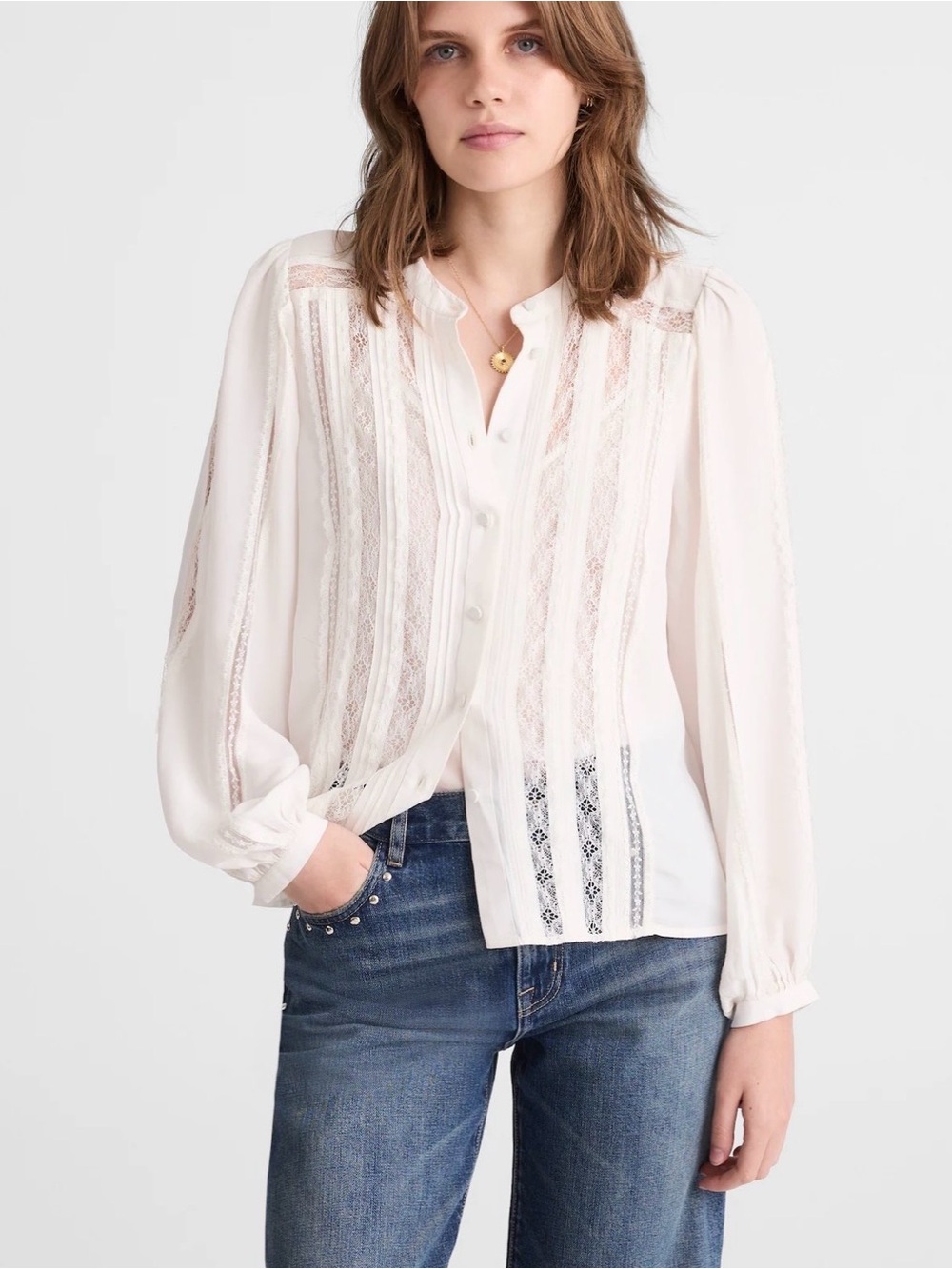 Madewell Lace Insert Button up Long Sleeve Top - Picture 2 of 9